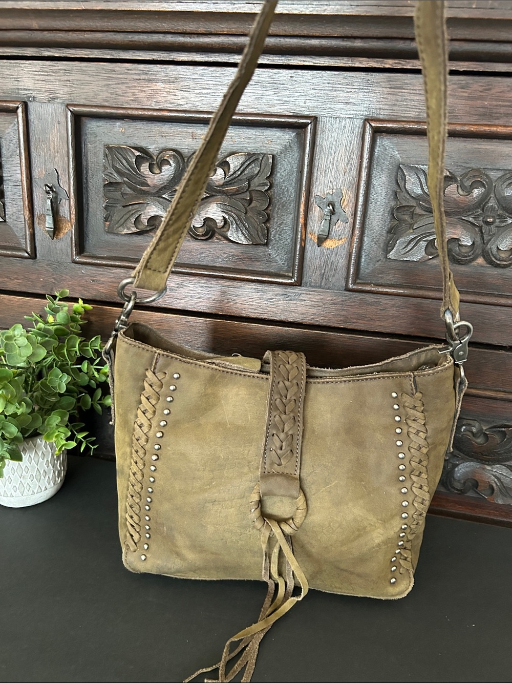 Montana West Taupe/Brown Suede Braided Crossbody Bag